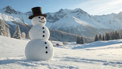 Photorealistic Snowman in Winter Mountains with Hat and Carrot Nose