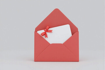 red envelope with a white card and a red bow