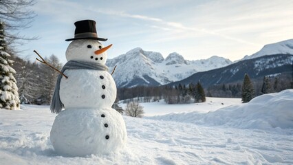 Photorealistic Snowman in Winter Mountains with Hat and Carrot Nose