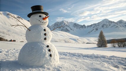 Photorealistic Snowman in Winter Mountains with Hat and Carrot Nose