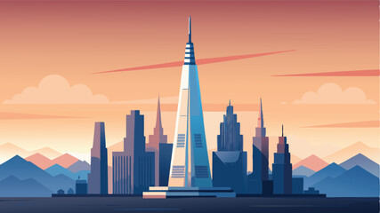 Obraz premium City skyline with tall buildings against a colorful sky view landscape illustration