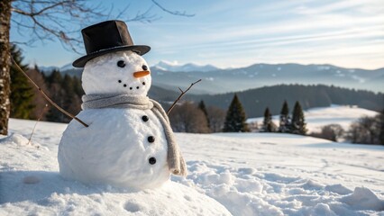 Photorealistic Snowman in Winter Mountains with Hat and Carrot Nose
