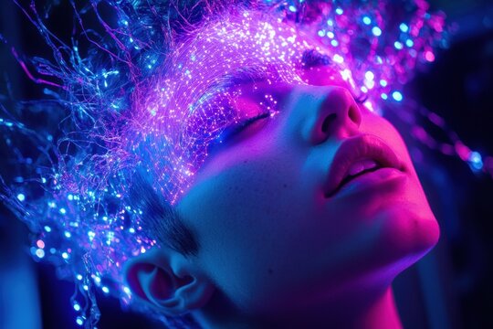 Futuristic concept of human with glowing digital brain, symbolizing AI, thoughts, and innovation. - Powered by Adobe