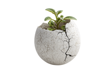 Isolated green plant growing at broken egg shell on transparent background