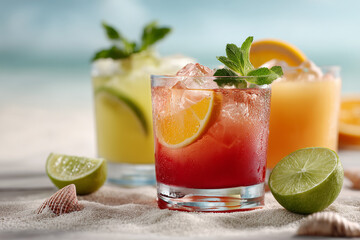 A refreshing trio of vibrant summer drinks, garnished with fresh fruit and mint, perfectly chilled with ice cubes, set against a blurred serene beach backdrop.

