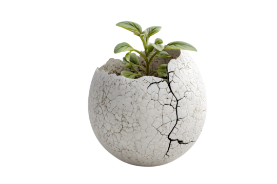 Isolated green plant growing at broken egg shell on transparent background