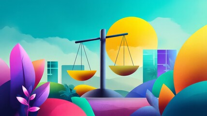 Stylized Representation of Democratic Values with Scales and Vibrant Nature Elements in a Modern Cityscape