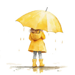 Child Yellow Umbrella Rain, watercolor illustration vector, isolated on a white background.