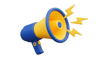 3D Render of a Yellow and Blue Megaphone with Yellow Lightning Bolts Announcing or Broadcasting.