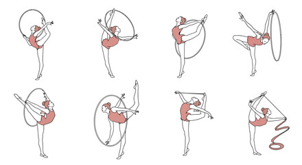 Artistic Gymnastics Poses: Illustrated Female Athletes with Hoops and Ribbons