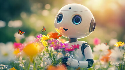 Friendly robot holding flowers in a vibrant spring meadow. Butterflies flutter around the gentle artificial intelligence.