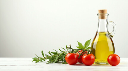 Olive oil in a glass bottle with tomatoes and herbs on a white wooden table