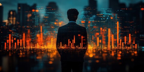 Double exposure image of businessman and stock chart