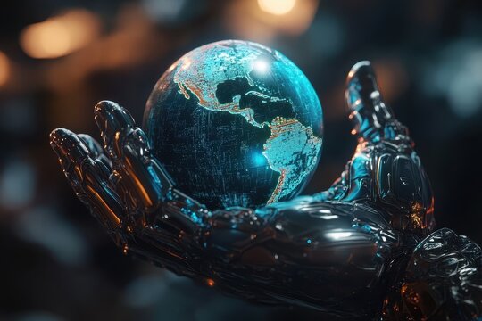 Robotic Hand Holding Earth in a Futuristic Sci-Fi Environment
