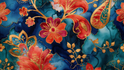 Elegant floral batik with gold-lined details on deep blue and red watercolor background, richly textured.