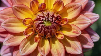 Obraz premium Close-up of vibrant yellow and pink dahlia bloom in sunlight
