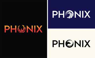 Striking Phoenix Logos A Fiery Symphony of Typography and Mythical Imagery Three Unique Designs Displaying the Words Phoenix with Stylized Phoenix Bird Symbols Within the Letter O