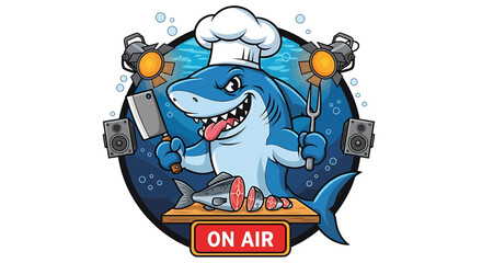 Cartoon Chef Shark with Cleaver and Fork, 