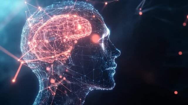 Digital Brain Network: A 3D animation of a human head with glowing brain activity - Powered by Adobe