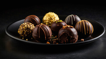 A tempting selection of gourmet chocolate truffles arranged on a black plate creating a luxurious and indulgent dessert scene