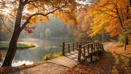 Autumn Bridge Over Serene Lake Amid Vibrant Fall Forest Colors