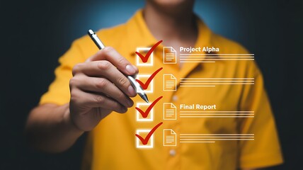 Person marking checklist with pen on digital screen hand
