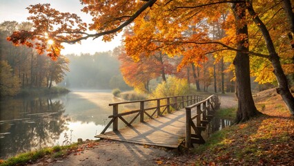 Autumn Bridge Over Serene Lake Amid Vibrant Fall Forest Colors