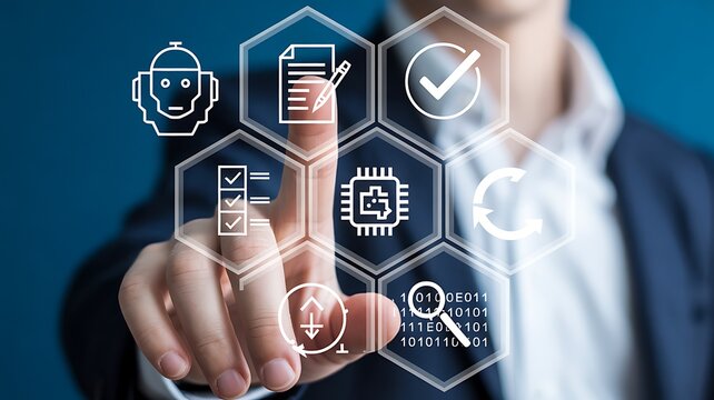 Person interacting with digital interface icons hand finger