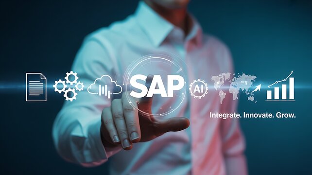 Person touching digital interface with business icons technology