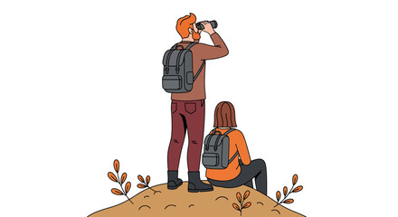 Couple Hiking with Backpacks, Man Using Binoculars, Vector Illustration
