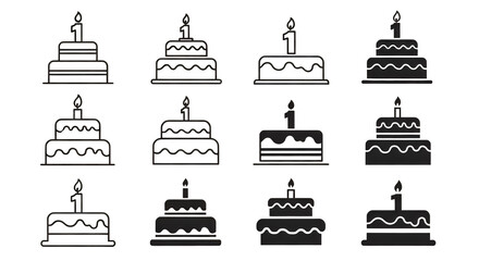 Collection of Birthday Cakes with Number One Candles Black and White.
