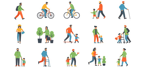 Diverse Group of People Engaging in Various Activities: Walking, Cycling, Skateboarding, Gardening, and Assisting Children and Elderly