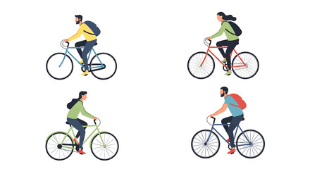 Four Cyclists with Backpacks Riding Bicycles in Different Colors and Styles on White Background
