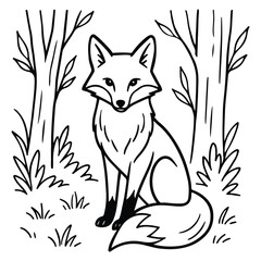 Simple line art of a fox sitting in the forest surrounded by trees and plants, suitable for coloring or tattoo.