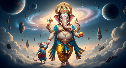 Divine Lord Ganesha with Mushak in Cosmic Galaxy, Ganesh Chaturthi Vinayaka Art, Ganapati Bappa Morya Vinayak Chaturthi Festival Illustration