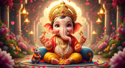 Joyful Baby Ganesha Sitting with Mouse in Blooming Temple Garden, Ganesh Chaturthi Vinayak Bappa Ganapati Morya Festive Artwork of Devotion and Blessings