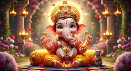 Joyful Baby Ganesha Sitting with Mouse in Blooming Temple Garden, Ganesh Chaturthi Vinayak Bappa Ganapati Morya Festive Artwork of Devotion and Blessings