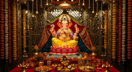 Ganesh Chaturthi Festival Celebration with Lord Ganesha Idol, Traditional Mandap Decorated with Flowers, Diyas, Offerings, and Devotional Festive Ambience