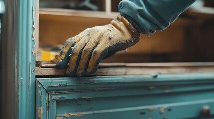 Gloved hand disassembling an old wooden drawer, showcasing restoration work.