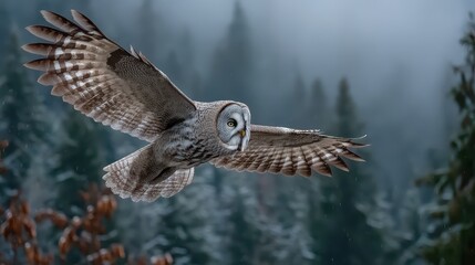Fototapeta premium Great Grey Owl in Flight Over Misty Forest