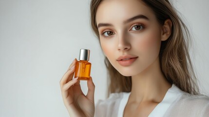 Beautiful young woman holding a bottle of cosmetic oil, showcasing skincare.