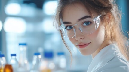 Portrait of a young female scientist in safety glasses and lab coat in a laboratory.