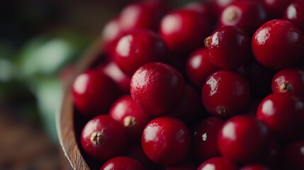 Close-up of fresh red cranberries, showcasing their texture and juiciness.