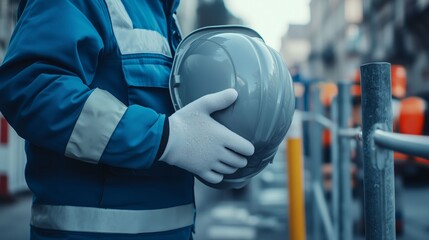 Worker in uniform and gloves holds a hard hat, symbolizing industrial safety.