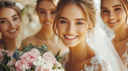 Happy bride with a bouquet and smiling bridesmaids in the background.