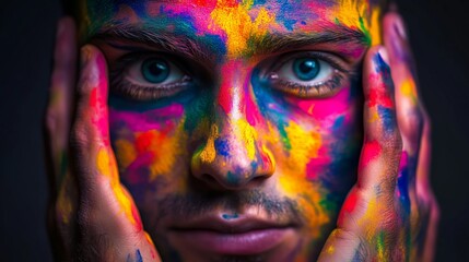 Close-up of a man’s face and hands covered in vivid, multicolor paint, symbolizing creativity, freedom, and artistic expression.