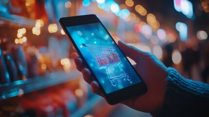 Person holding a smartphone with a glowing digital shopping cart icon, symbolizing mobile e-commerce, technology, and online retail.
