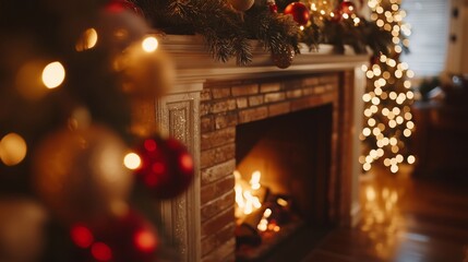 A warm fireplace with burning logs, adorned with a Christmas tree featuring lights and ornaments, creates a cozy holiday atmosphere at home.