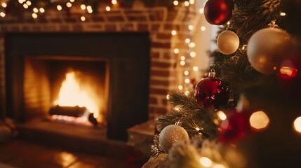 A decorated Christmas tree stands in front of a cozy fireplace with a roaring fire.