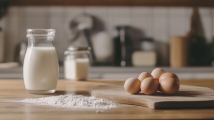 Milk in a glass bottle, eggs, and flour on a wooden table, focusing on home baking.